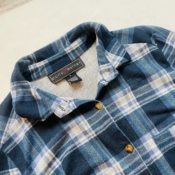 Polly & Esther Blue Plaid Flannel Button Up Long Sleeve Shirt Junior’s Medium - Picture 5 of 9
